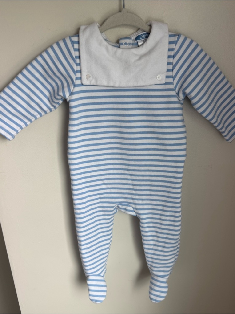 Jacadi Organic Cotton Striped Footie in Blue & White w Collar 6 Months - Picture 2 of 5